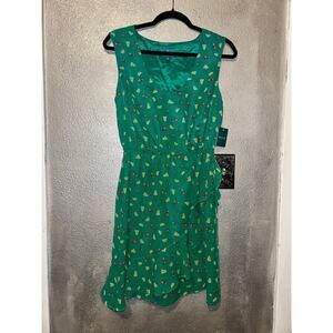 Mattox Fruit Green Whymsical Kawaii Faux Wrap Sleeveless Waist Tie Dress